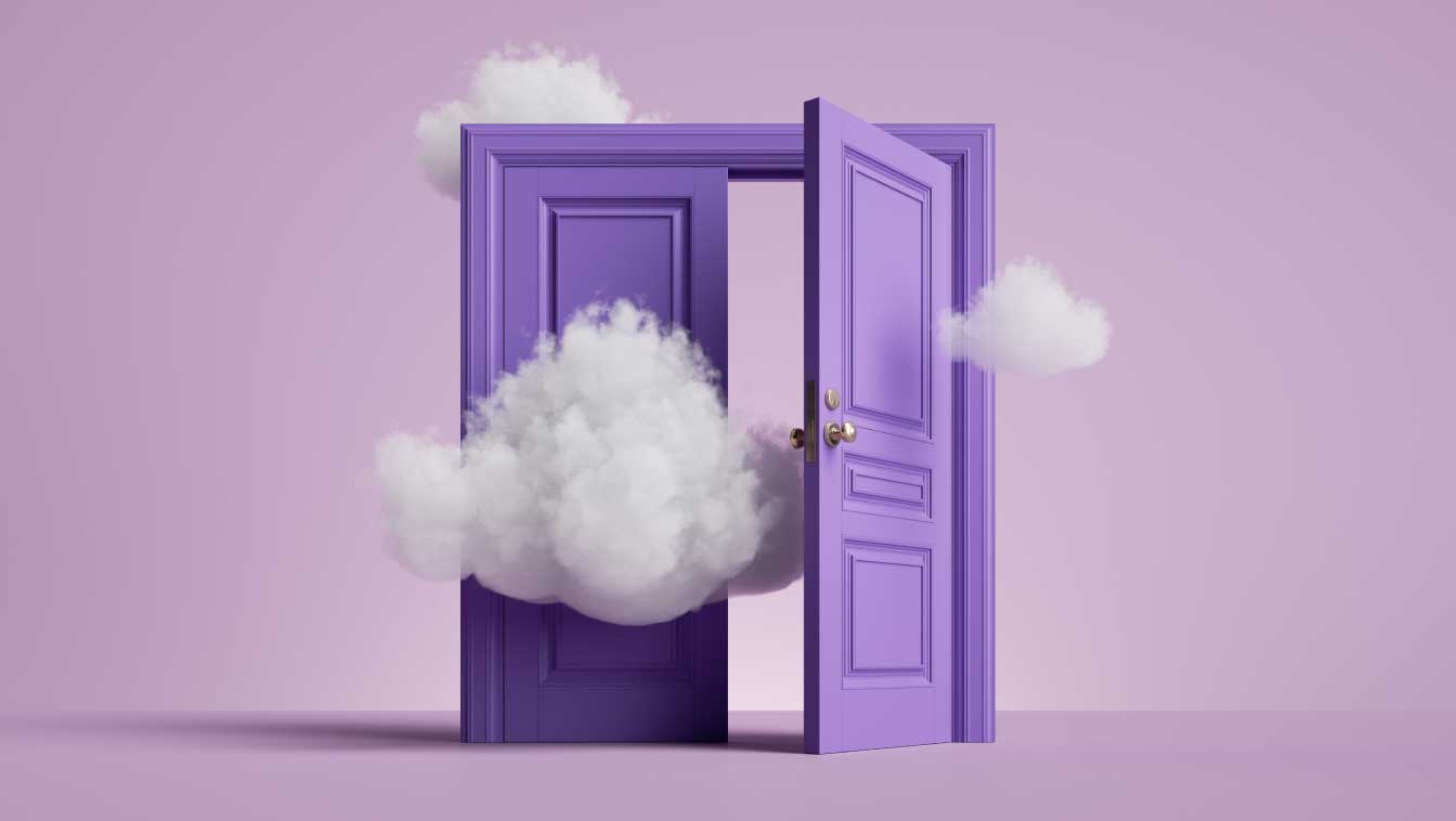 Illustration of an accommodation with white clouds flying inside half-opened violet double doors