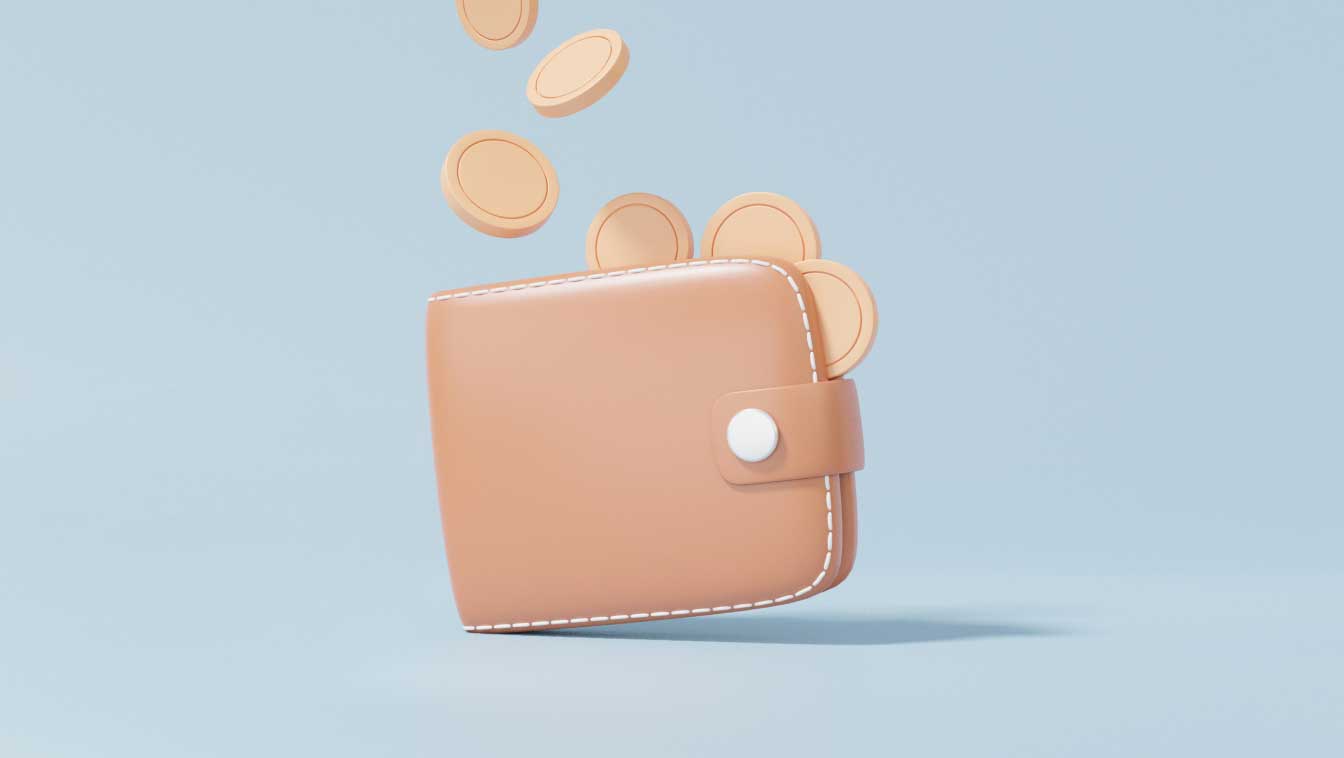 Illustration of a brown wallet with coins floating into it