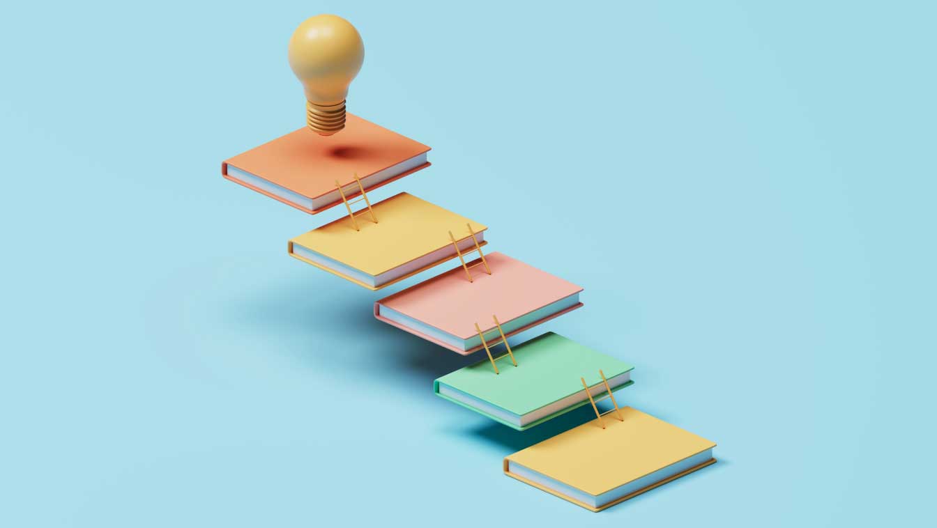 Abstract illustration of a staircase in the form of a stack of books with a light bulb on top symbolizing authority processes