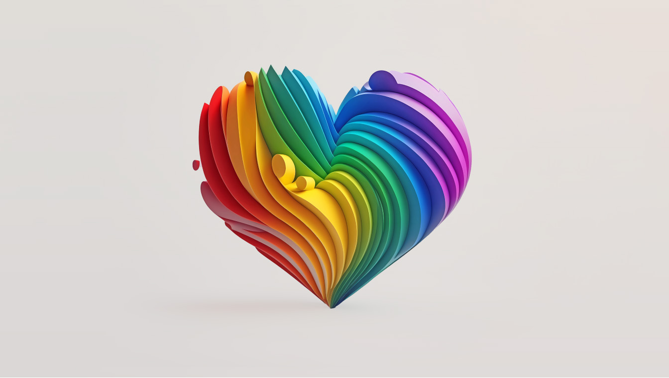 Rainbow heart made of paint strokes on a white background